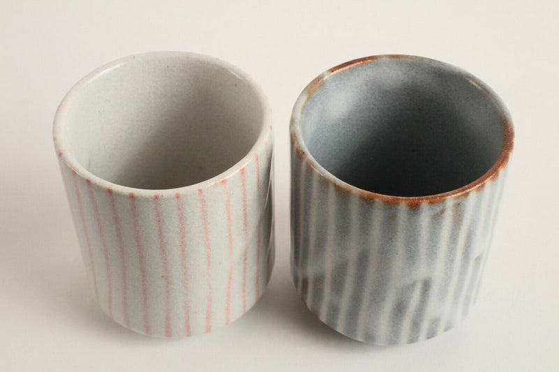 Mino ware Japan Pottery Pair Yunomi Chawan Tea Cup Togusa Stripe Gray & Pink