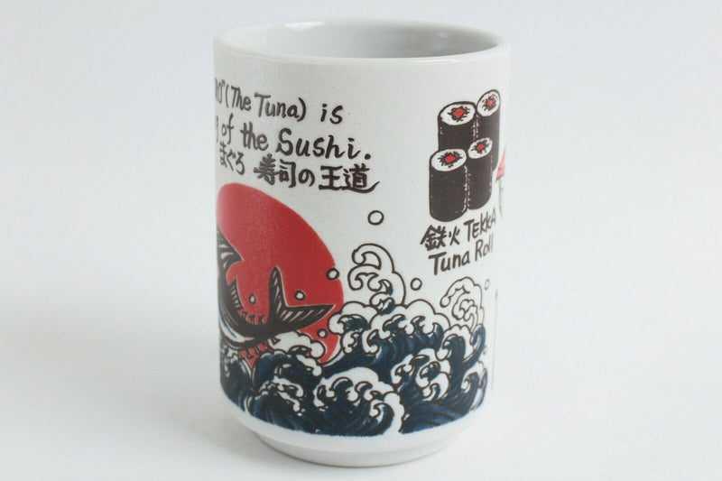 Mino ware Japan Sushi Yunomi Chawan Tea Cup Tsuna Maguro Sun & Wave & Sushi
