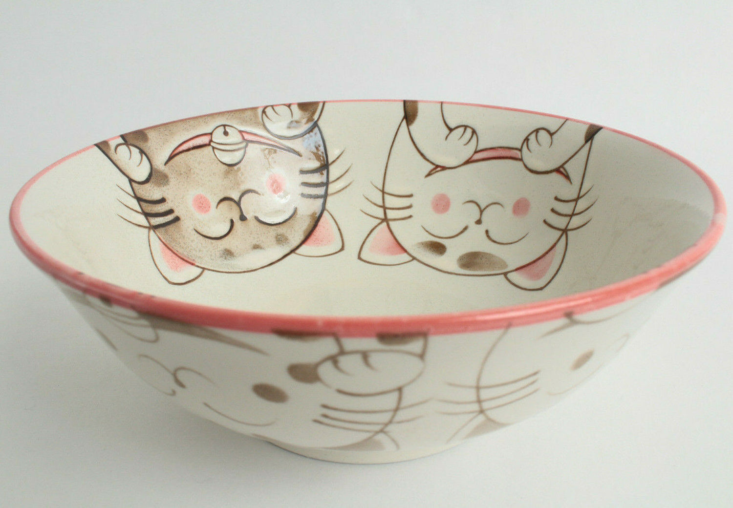 Mino ware Japanese Ceramics Ramen Noodle Donburi Bowl Smiling Cats Pink