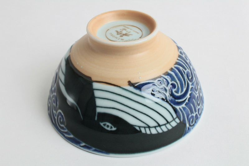 Mino ware Japanese Ceramics Rice Bowl Blue Whale & Waves made in Japan