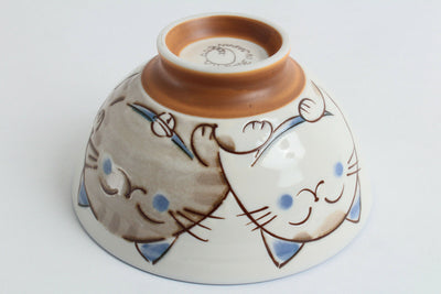 Mino ware Japanese Ceramics Rice Bowl Smiling Cats Gloss finish Blue