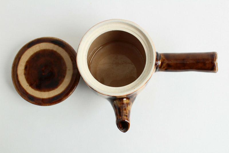 Mino ware Japan Pottery Teapot Kyusu Brown & Ocher Stripe Crackled Flat Lid