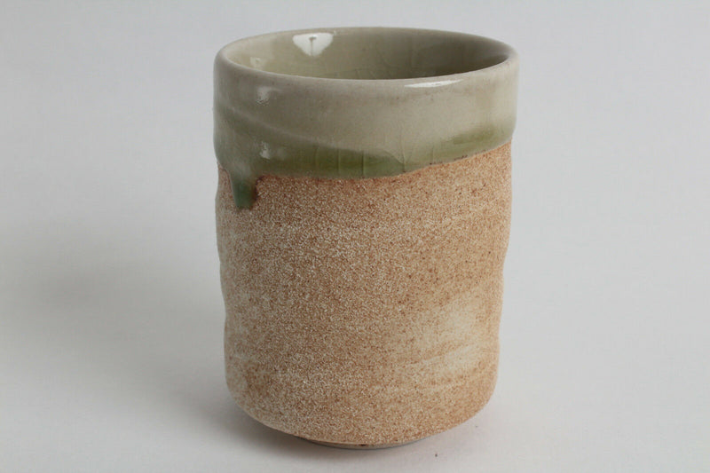 Mino ware Japanese Pottery Yunomi Chawan Tea Cup Coarse Beige w/ Mint Green