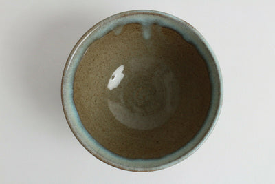 Mino ware Japanese Pottery Rice Bowl Sky Blue Glaze on Moss Green made in Japan