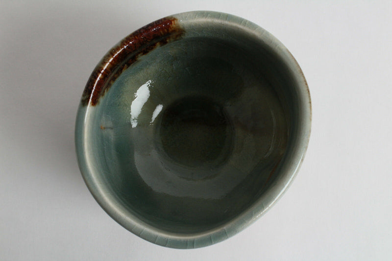 Mino ware Japanese Tea Ceremony Matcha Bowl Sage Green w/ Brown Glaze Crackled