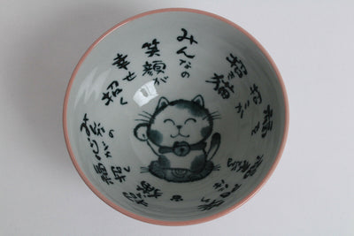 Mino ware Japanese Pottery Rice Bowl Cat pattern Red Manekineko made in Japan