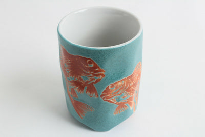 Mino ware Japanese Sushi Yunomi Chawan Tea Cup Red Sea Bream on Teal Blue Four Feet