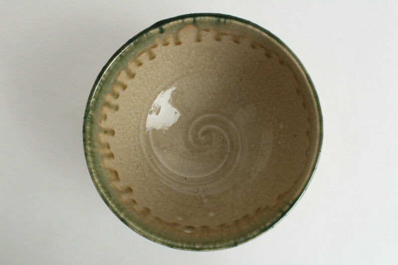 Mino ware Pottery Large Ramen Noodle Donburi Bowl Emerald Green Glaze on Ocher