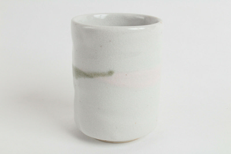 Mino ware Japan Pottery Yunomi Chawan Tea Cup Cream White w/Green & Pink Lines