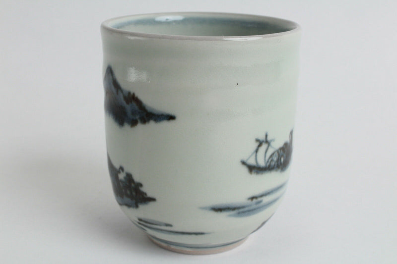 Mino ware Japanese Pottery Yunomi Chawan Tea Cup Pale Blue A Man on the Boat