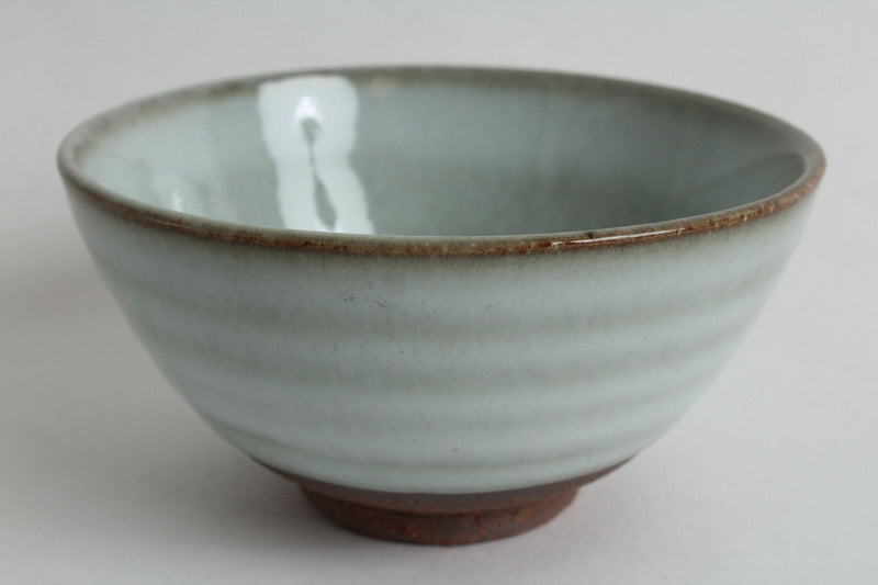 Mino ware Japanese Pottery Rice Bowl Milky White Glaze w/ Green Stripe