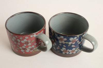 Mino ware Japan Pottery Pair Mug/Coffee Cup Sakura Cherry Blossom Pink & Blue