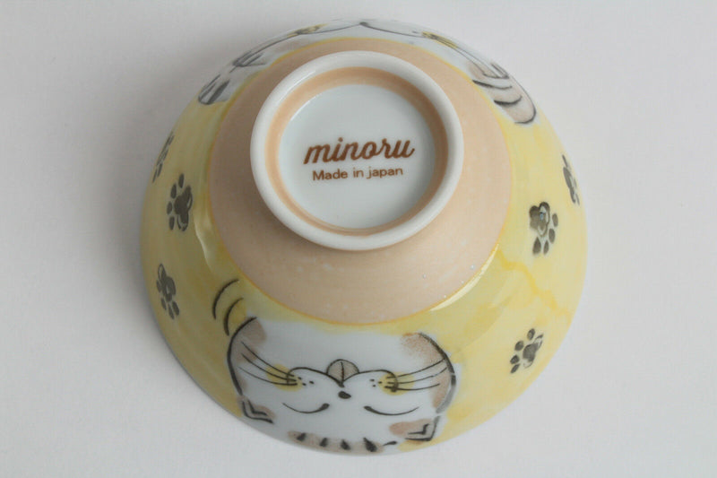Mino ware Japanese Ceramics Rice Bowl Fukuneko Cat Yellow