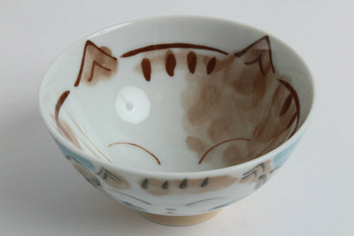 Mino ware Japanese Ceramics Rice Bowl Fukuneko Cat Blue