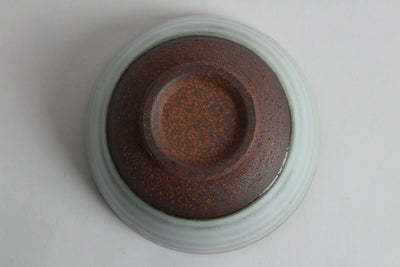 Mino ware Japanese Pottery Rice Bowl Milky White Glaze w/ Green Stripe