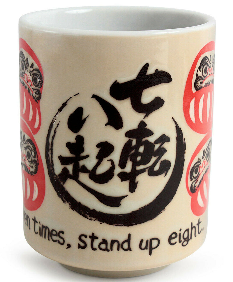Mino ware Japanese Sushi Yunomi Chawan Tea Cup Red Daruma "Never Give Up" Beige