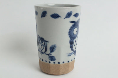 Mino ware Japanese Yunomi Chawan Long Tea Cup Fukurou Owl Family White & Blue