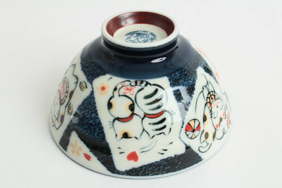 Mino ware Japanese Pottery Rice Bowl Manekineko Koban Cat Blue made in Japan New