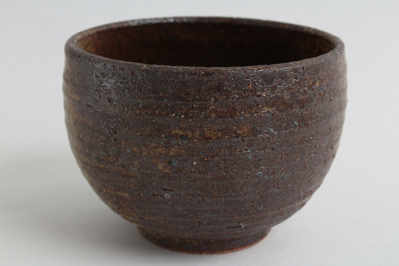 Mino ware Japan Pottery Large Bowl Burnt Brown & Ocher Stripe (Matcha/Rice)