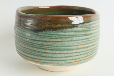 Mino ware Japanese Pottery Tea Ceremony Matcha Bowl Green Stripe w/ Brown Glaze