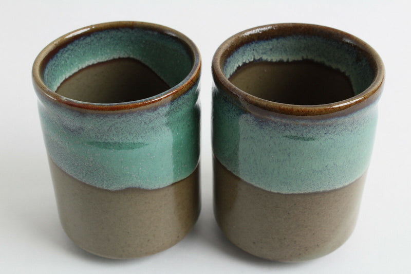 Mino ware Japanese Pottery Pair Yunomi Chawan Tea Cup Blue & Moss Green Straight