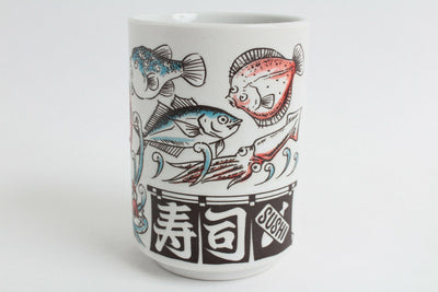 Mino ware Japanese Sushi Yunomi Chawan Tea Cup Red Sea Bream & Several Fishes