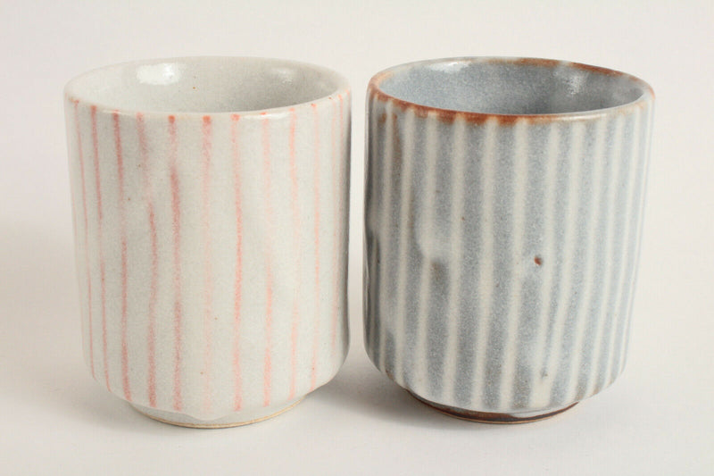 Mino ware Japan Pottery Pair Yunomi Chawan Tea Cup Togusa Stripe Gray & Pink