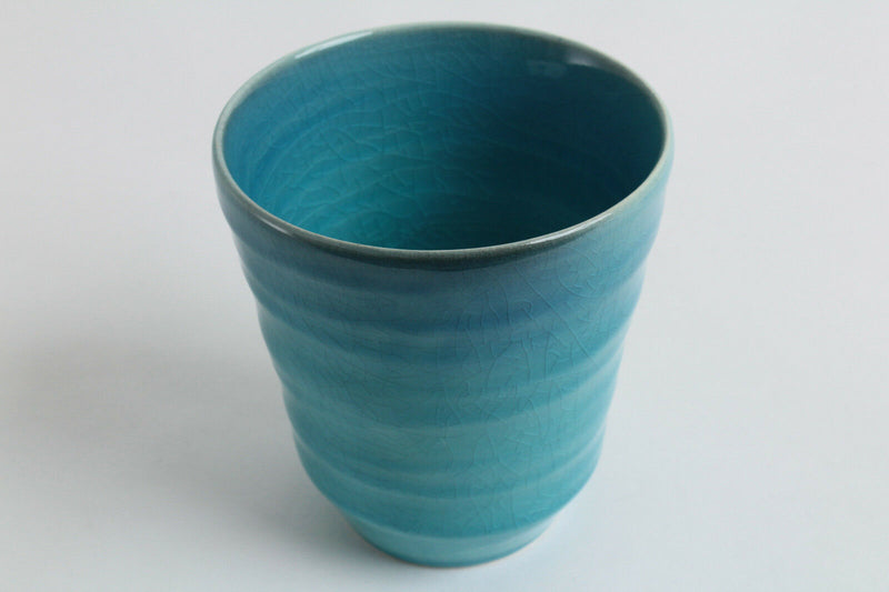 Mino ware Japanese Free Tea Cup BLUE RIVERS Large Turquoise Blue Crackled