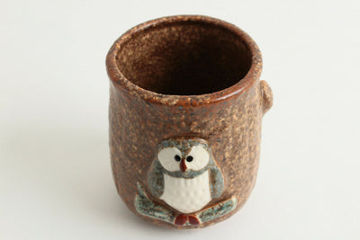 Mino ware Japanese Pottery Yunomi Chawan Tea Cup Owl Raised Coffee Brown Japan