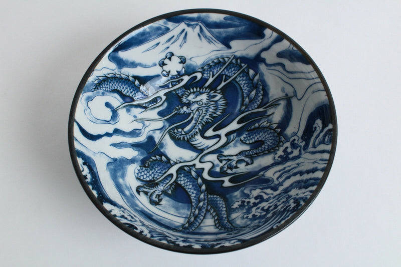 Mino ware Japanese Ceramics Ramen Noodle Donburi Bowl Dragon and Mt. Fuji Blue