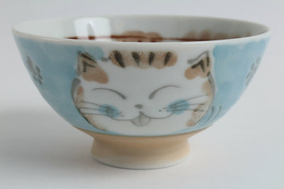 Mino ware Japanese Ceramics Rice Bowl Fukuneko Cat Blue