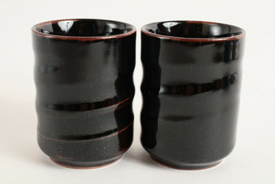 Mino ware Japan Pottery Pair Short Yunomi Chawan Tea Cup Black & Brown Glossy