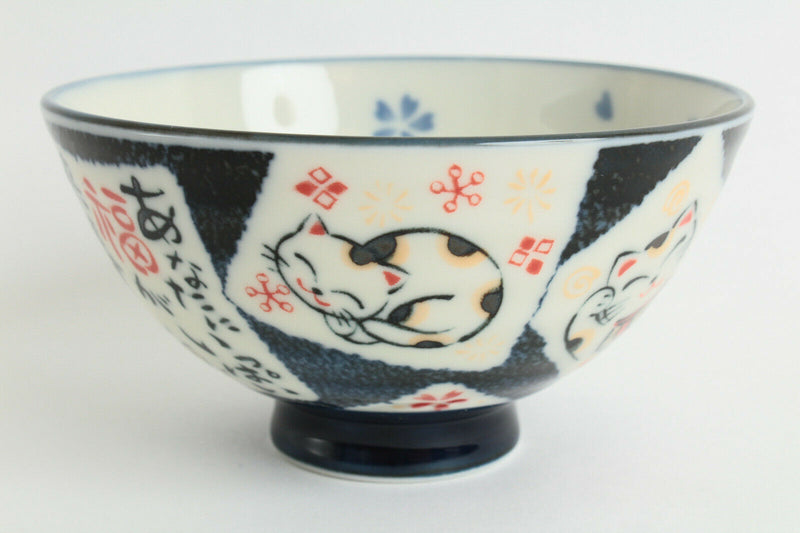 Mino ware Japanese Pottery Rice Bowl Manekineko Koban Cat Blue made in Japan New