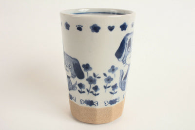 Mino ware Japanese Yunomi Chawan Long Tea Cup Dog Family White & Blue Japan