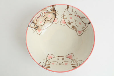 Mino ware Japan Pair Ramen Noodle Donburi Bowl Smiling Cats Blue & Pink Set