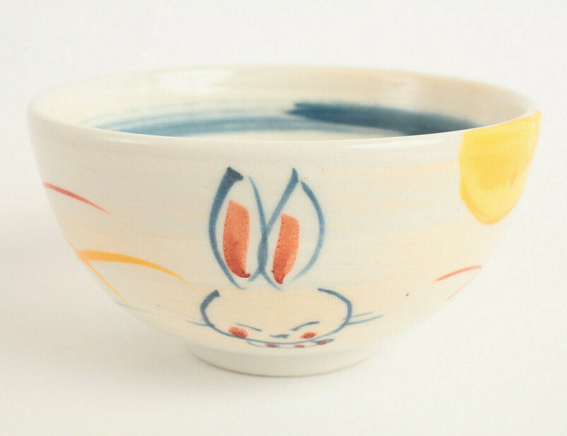 Mino ware Japan Pottery Rice Bowl Smiling Rabbit Hand-drawn White