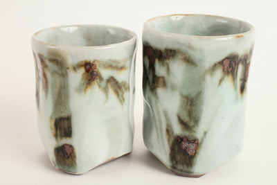 Japanese Pottery Pair Yunomi Chawan Tea Cup Pale Green Bamboo Forest Japan made