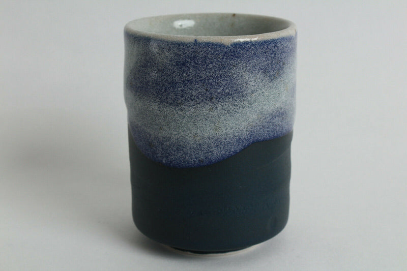 Mino ware Japanese Pottery Yunomi Chawan Tea Cup Snowy White Glaze Purple Navy