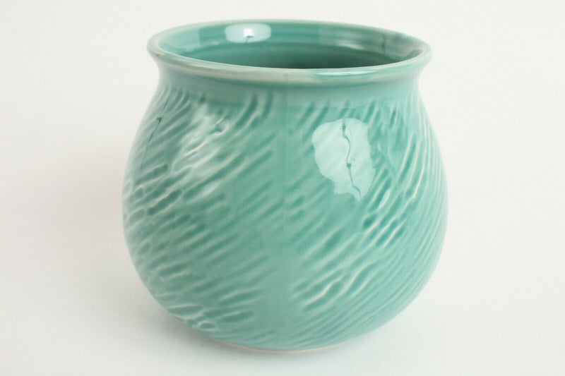 Mino ware Japan Pottery Vase Emerald Green Diagonal Stripe Glossy