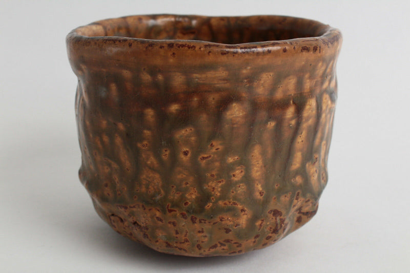 Japanese Tea Ceremony Matcha Bowl Pottery Amber Brown Magma pattern