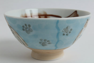 Mino ware Japanese Ceramics Rice Bowl Fukuneko Cat Blue