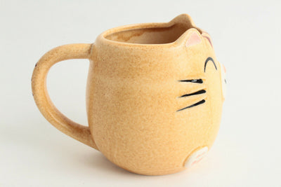 Mino ware Japanese Pottery Mug Cup Cat Shape Honey Yellow made in Japan