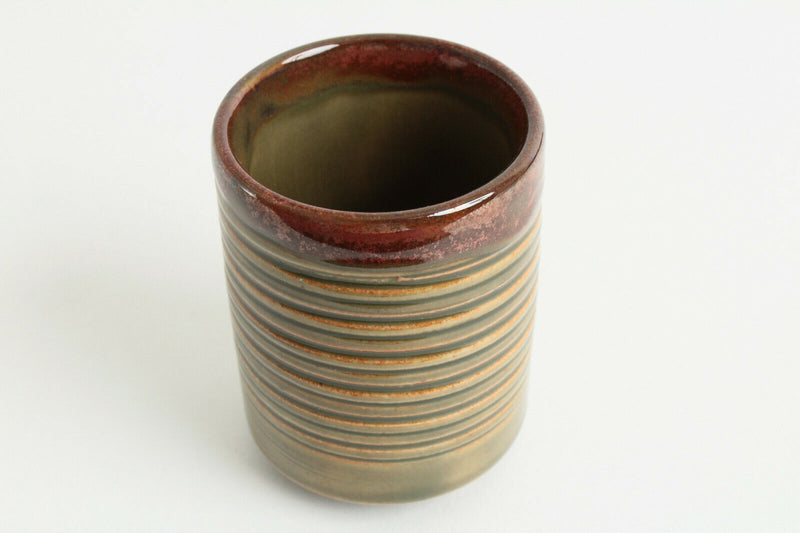 Mino ware Japan Pottery Yunomi Chawan Tea Cup Green Stripe w/Wine Red Glaze