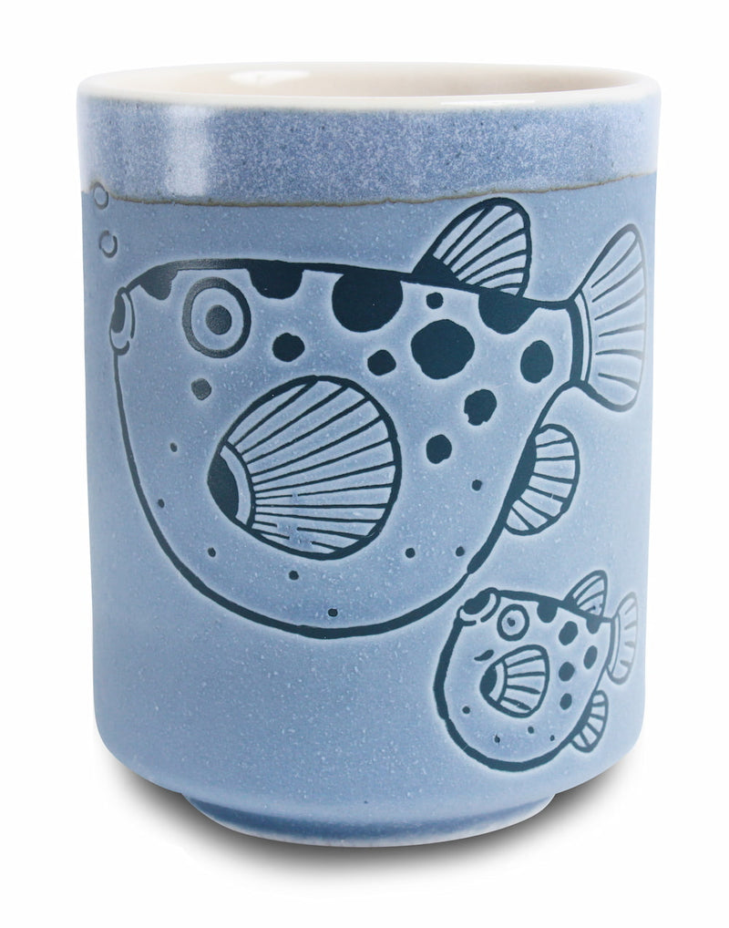 Mino ware Japanese Sushi Yunomi Chawan Tea Cup Balloon Fish Aqua Blue