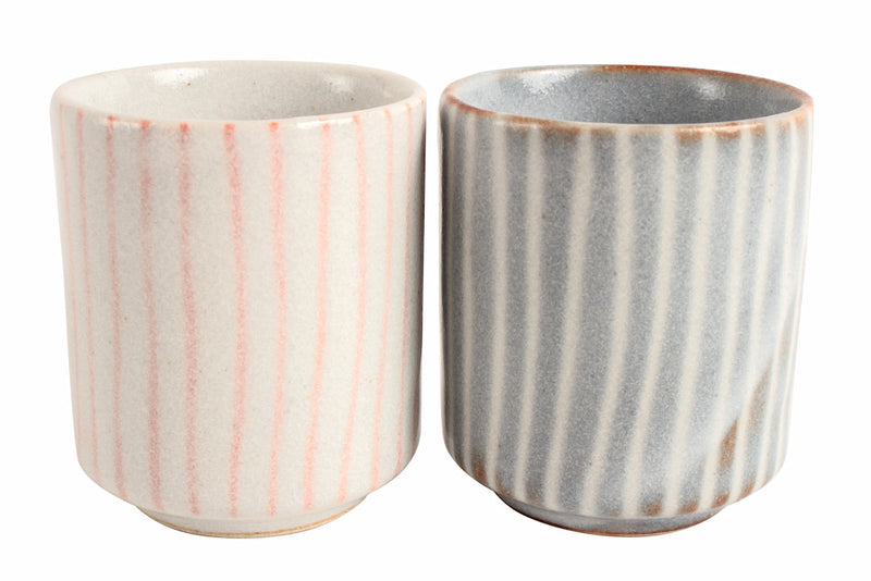 Mino ware Japan Pottery Pair Yunomi Chawan Tea Cup Togusa Stripe Gray & Pink