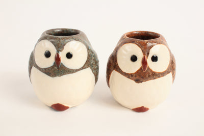 Mino ware Japan Pottery Pair Toothpicks Holder Stand Owl Shape Charcoal & Brown