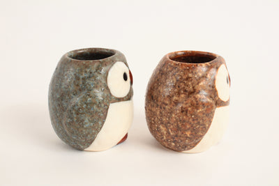 Mino ware Japan Pottery Pair Toothpicks Holder Stand Owl Shape Charcoal & Brown