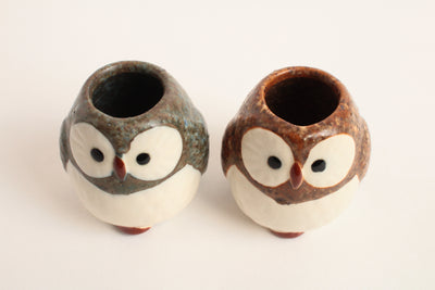 Mino ware Japan Pottery Pair Toothpicks Holder Stand Owl Shape Charcoal & Brown