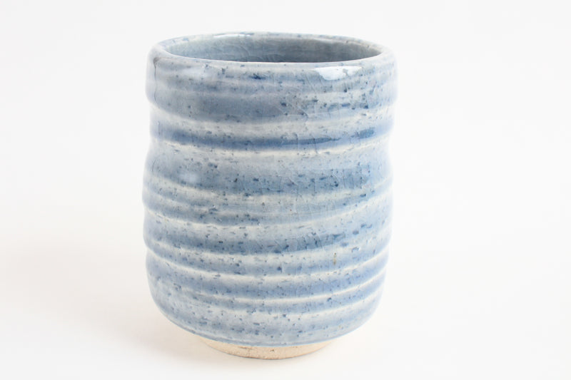 Mino ware Japanese Pottery Yunomi Chawan Tea Cup Aqua Blue Stripe Crackled