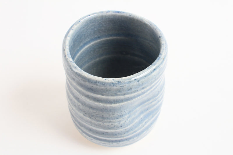 Mino ware Japanese Pottery Yunomi Chawan Tea Cup Aqua Blue Stripe Crackled